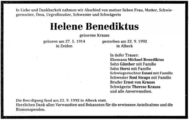 Krauss Helene 1914-1992 Todesanzeige